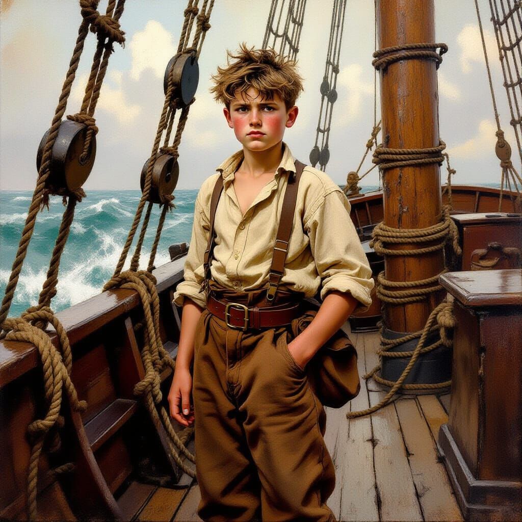 Young Porter on Old Ship Deck, Nostalgic Oil Painting