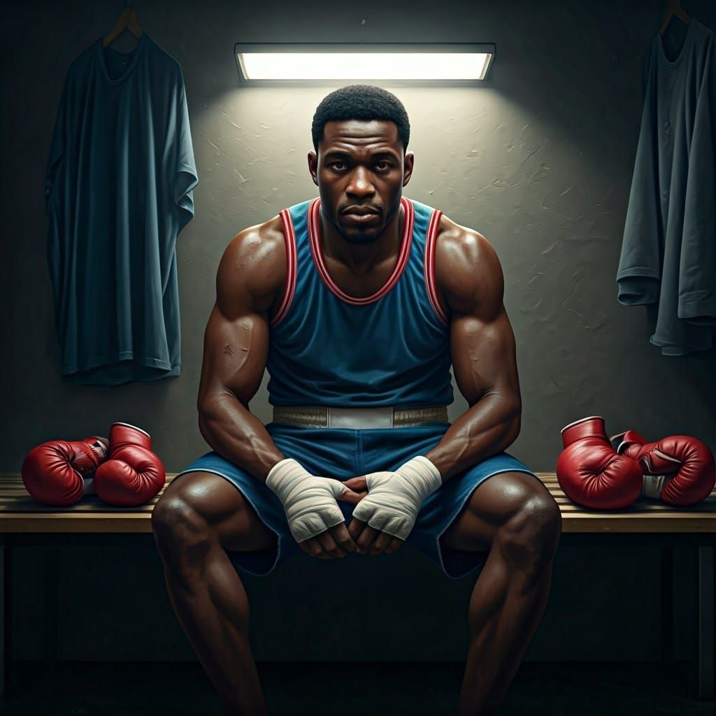 Emotional Boxer in Dimly Lit Room, Matte Painting
