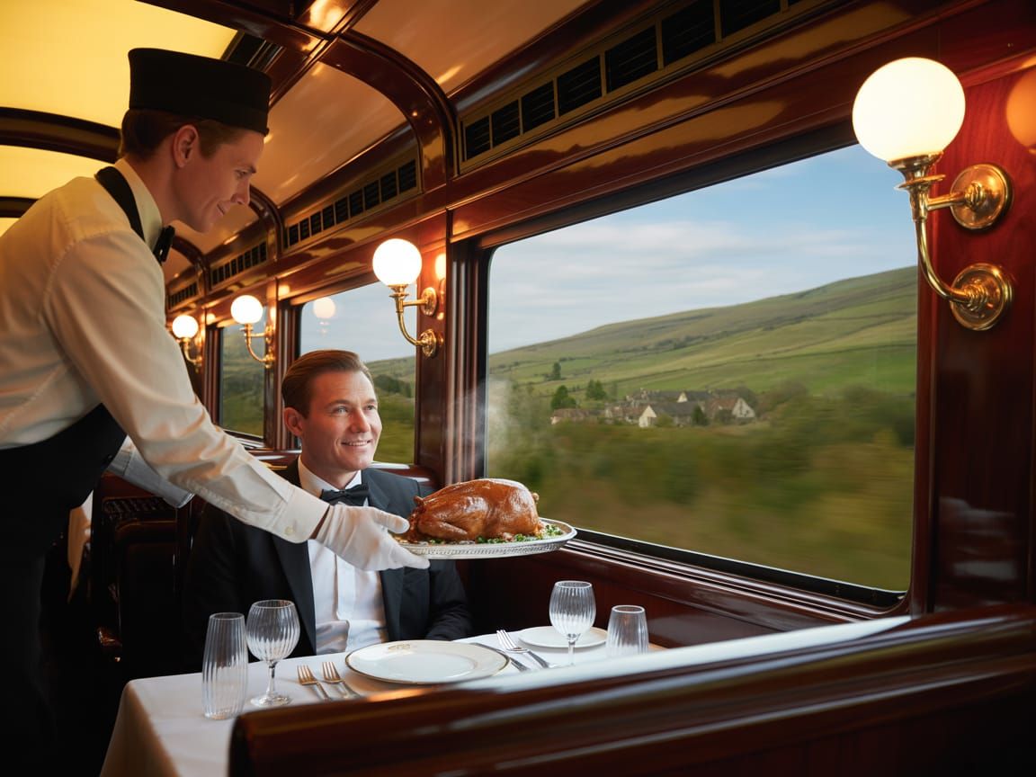 Vintage Train Dining Car with Roast Chicken