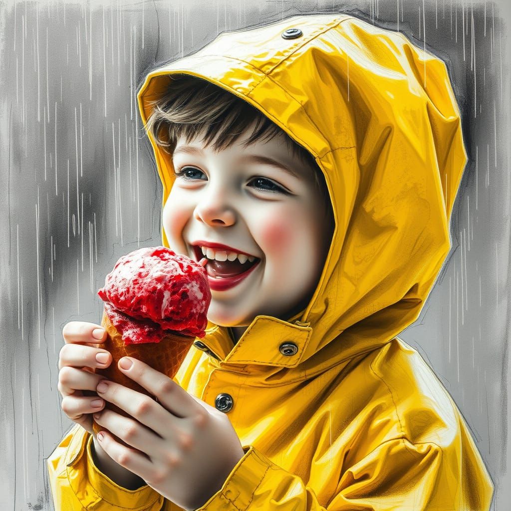 Boy in Yellow Raincoat: Expressive Charcoal Drawing