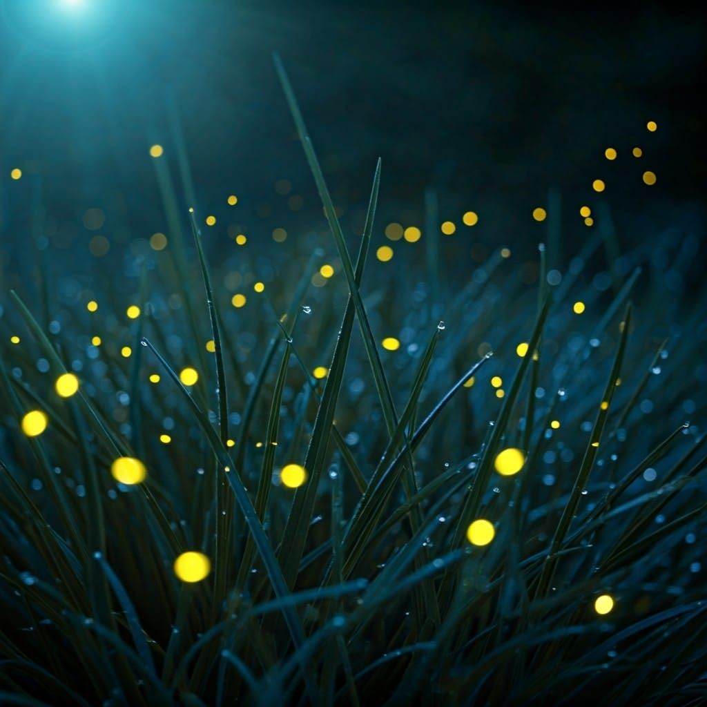 Dewy Fireflies Dance in Vibrant Blues and Greens