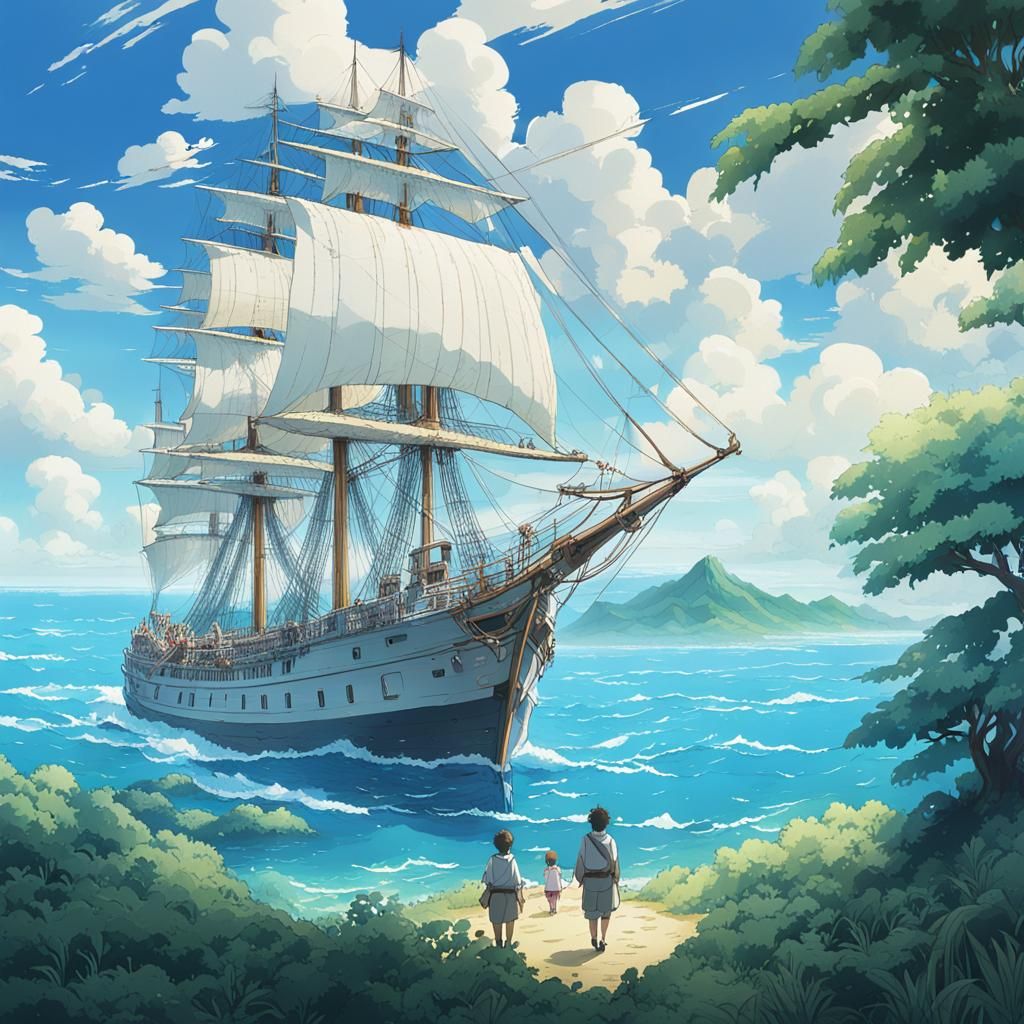 Anime Whaling Ship at Sea in Ghibli Style
