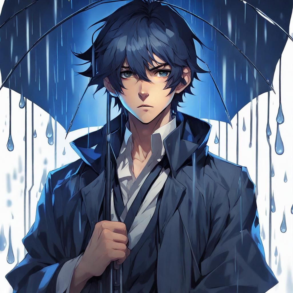 Gloomy Anime Boy in Dark Blue Rain