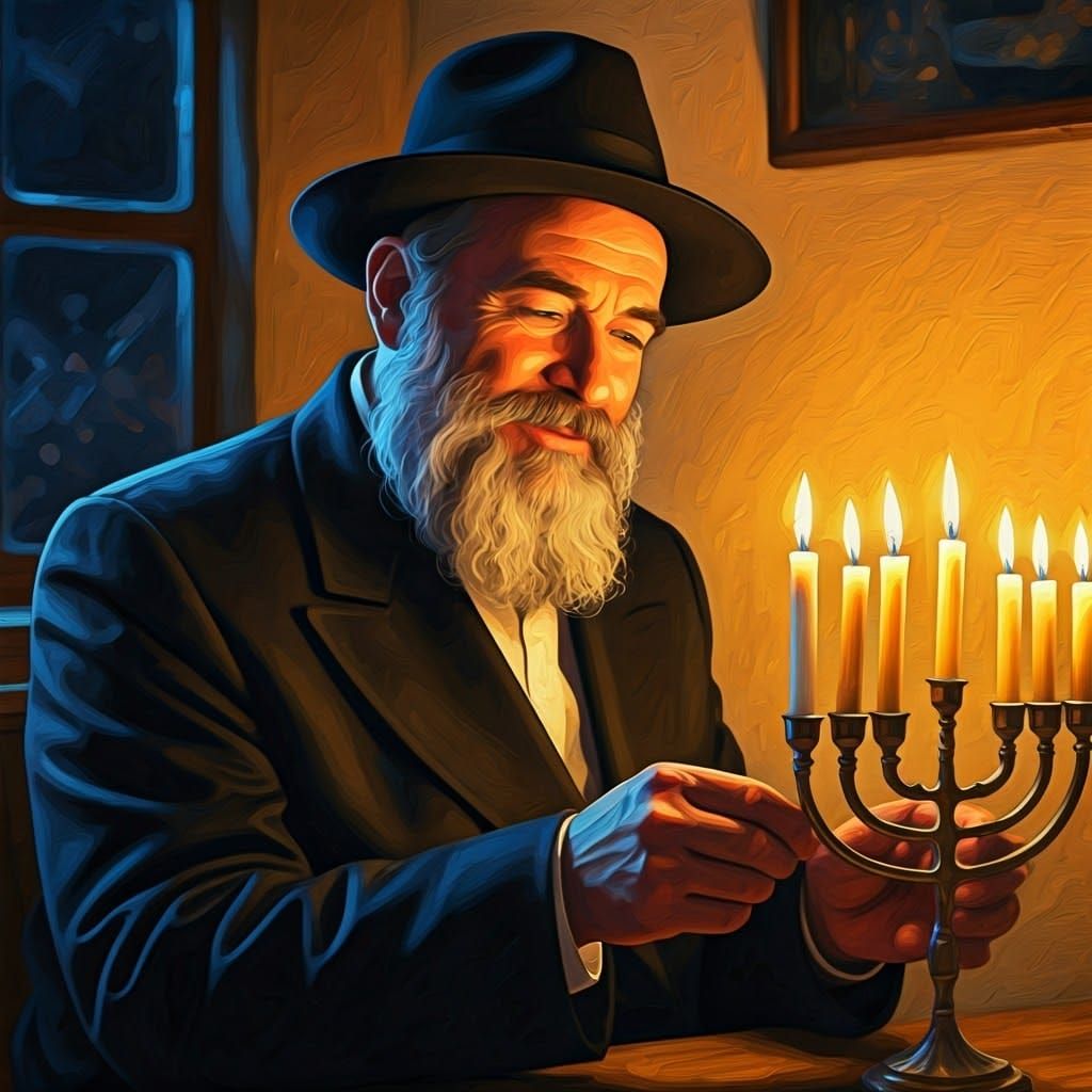 Chasidic Father Lights Menorah in Folk Art Style
