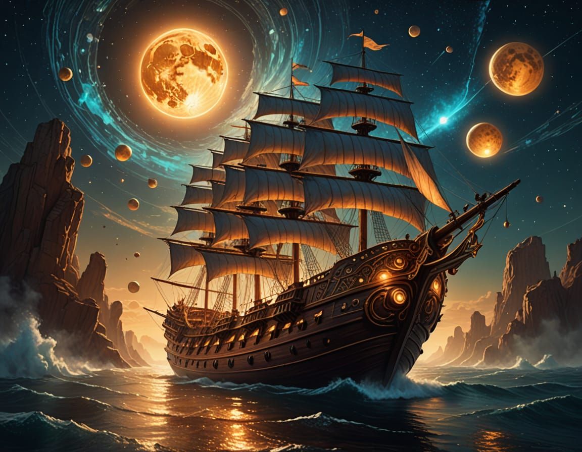 Ancient Phoenician Ship Sails Through Cosmic Nebulae