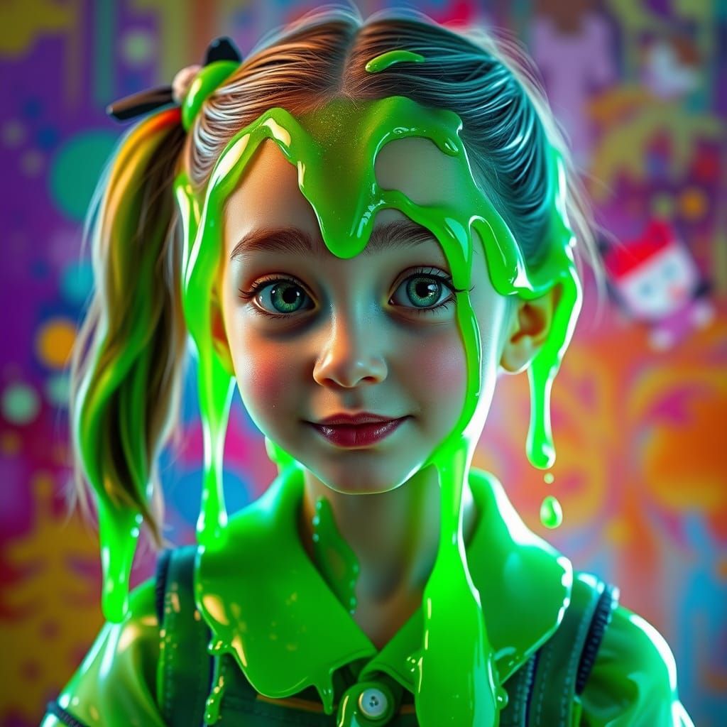 Glowing Green Slime School Girl in Vibrant Fantasy World