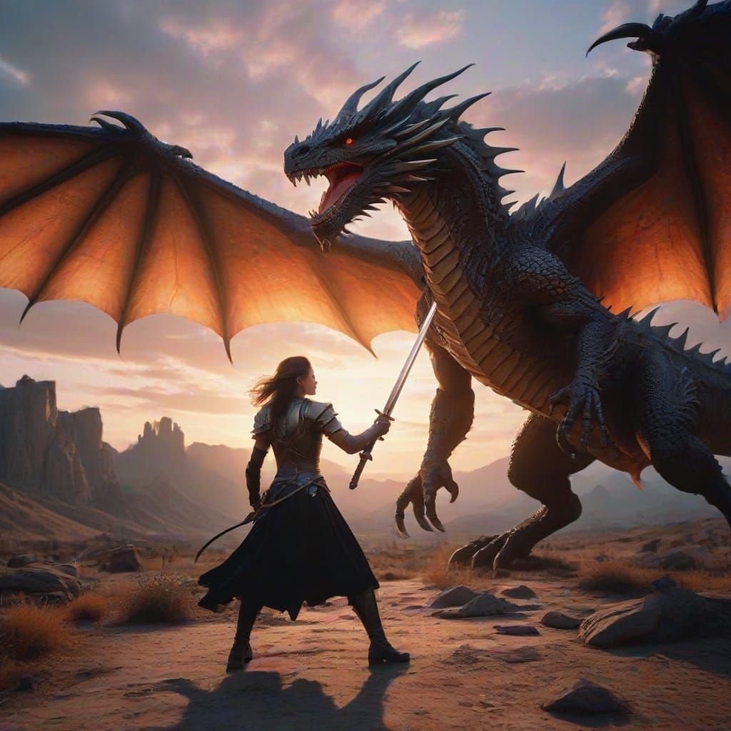 Majestic Heroine Battles Fiery Dragon in Vibrant Sunset Land...