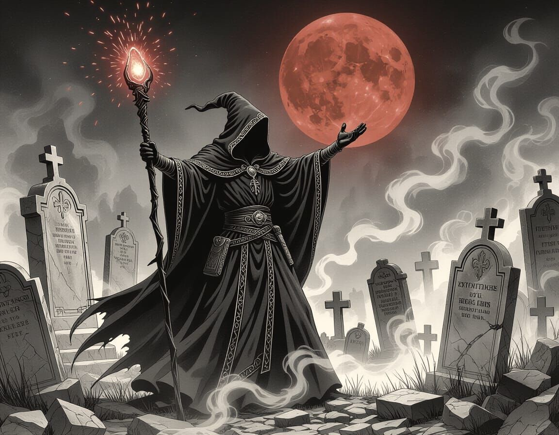 Wizard Summons Spirits in Cemetery, Charcoal Drawing