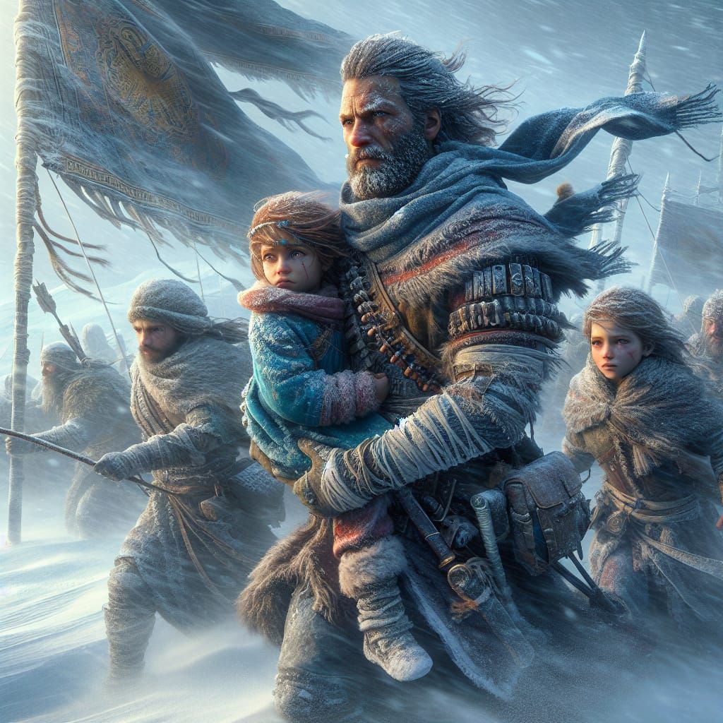Middle-Eastern Warrior and Children in Harsh Winter