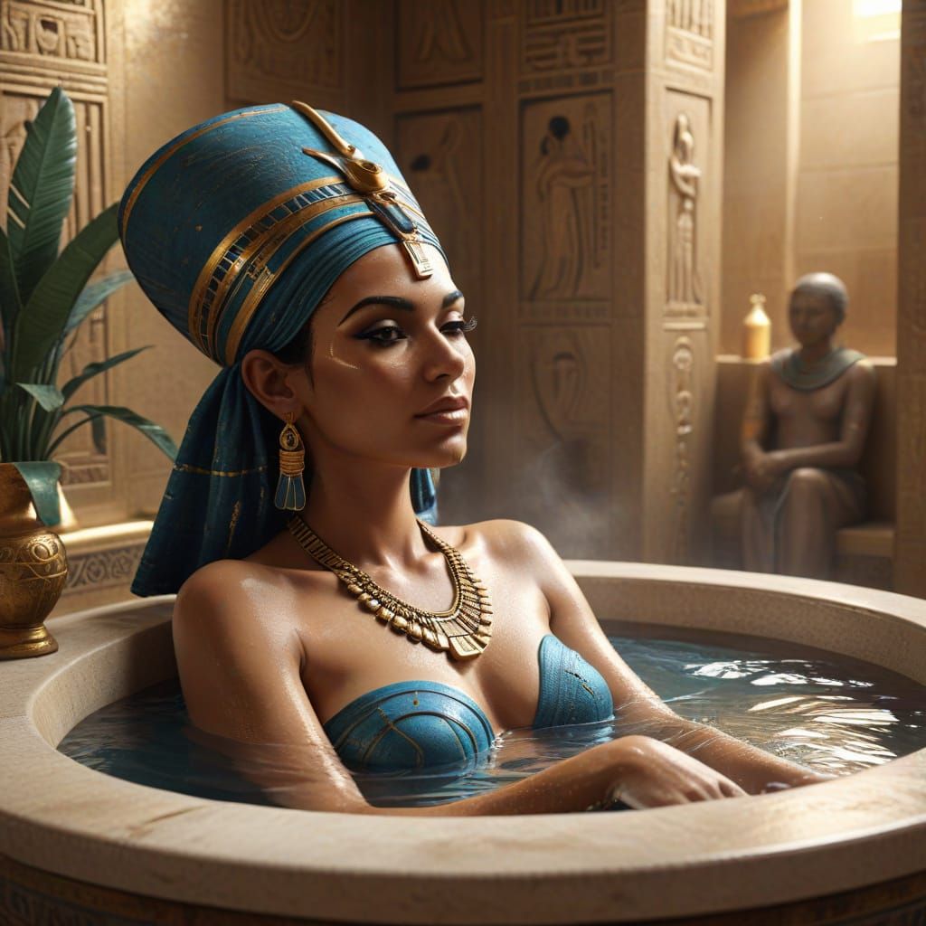 Egyptian Goddess Unwinds in a Luxurious Bath