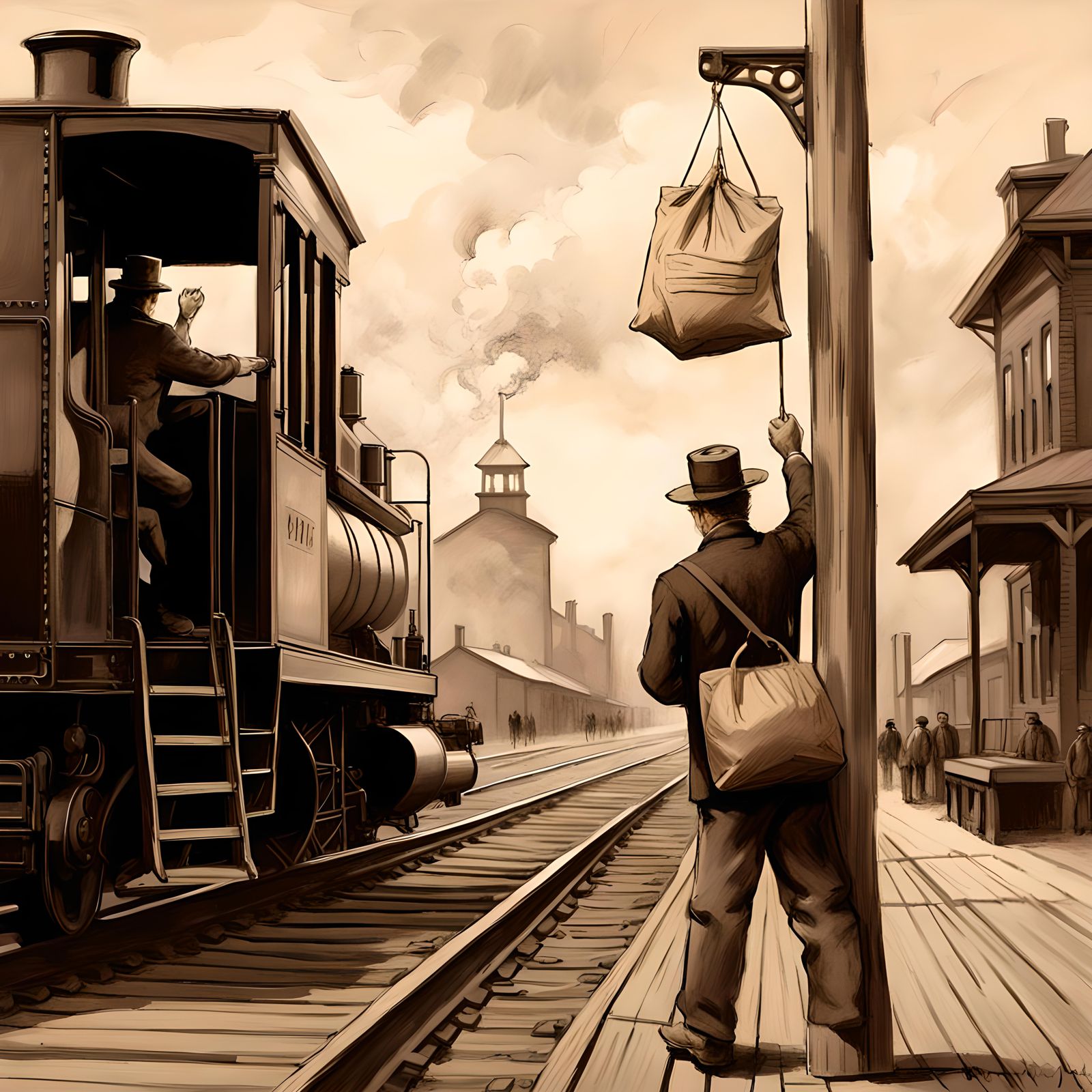 Railroad Postal Clerk Grabbing Mail: Charcoal Pencil Sketch