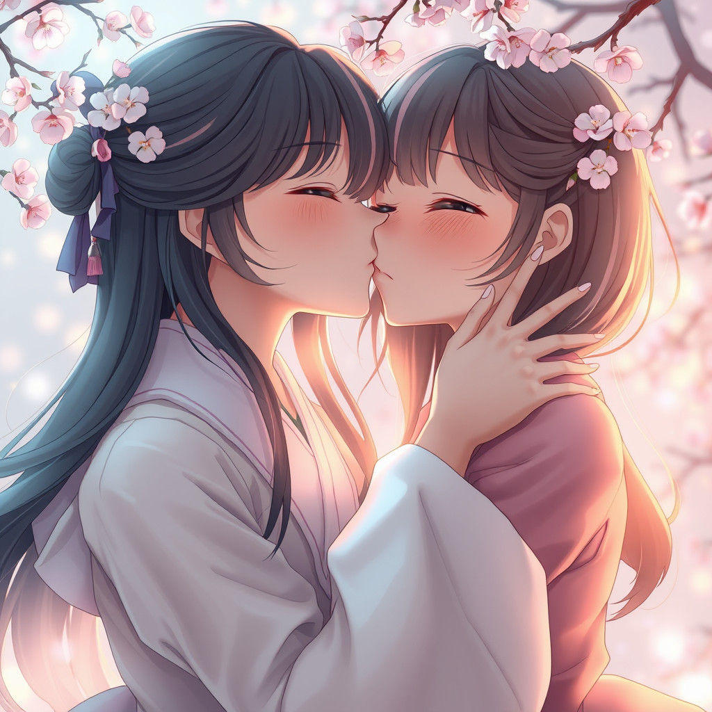 Gentle Kiss in a Japanese Garden: 3D Anime Art