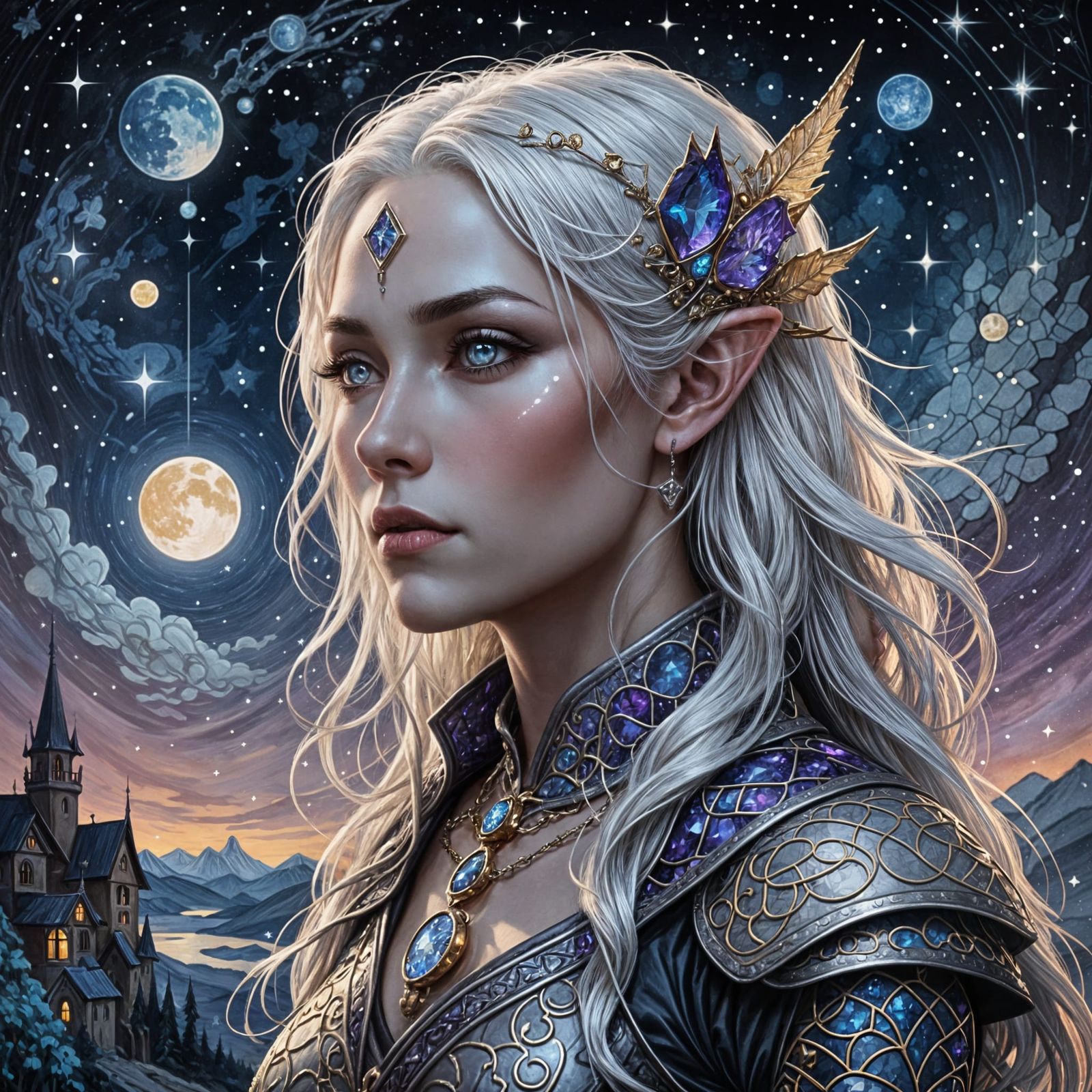 Elven Sorceress Illuminates Starry Night Sky