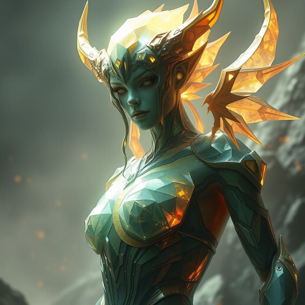 Stunning Digital Painting of a Gem-Like Female Golem in Fant...