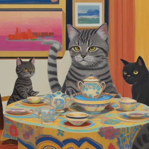 Cats in Teacups: Vibrant Folk Art Still Life