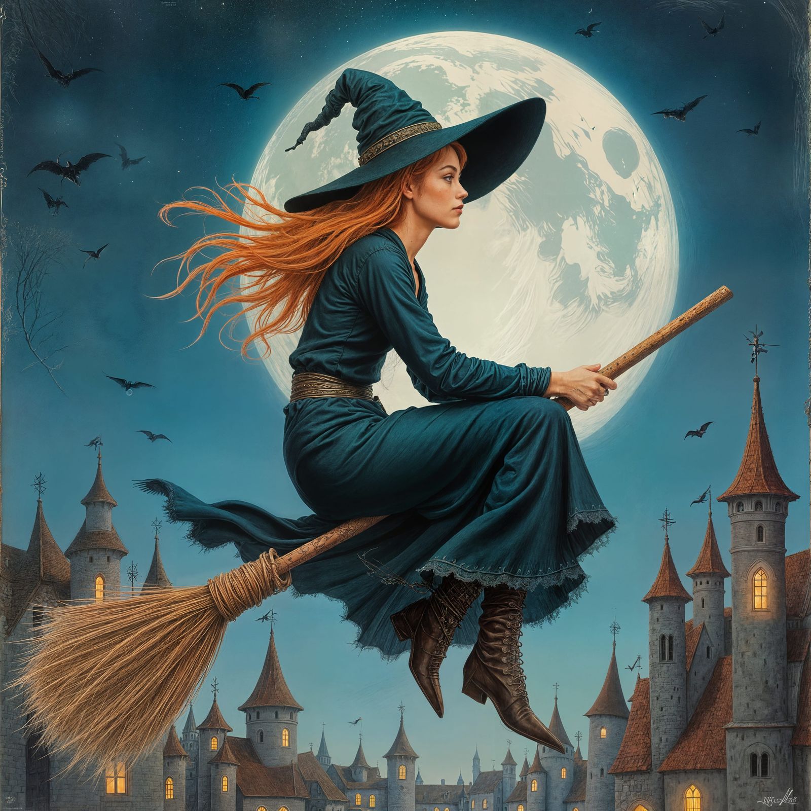 Female Witch Flying Over Village in Pastel Illustration