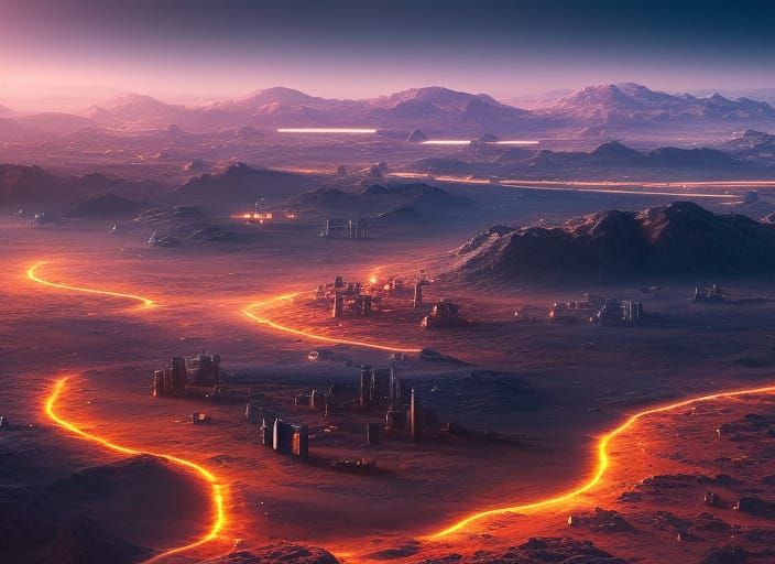 Martian Cityscape with Nebula, Digital Matte Painting