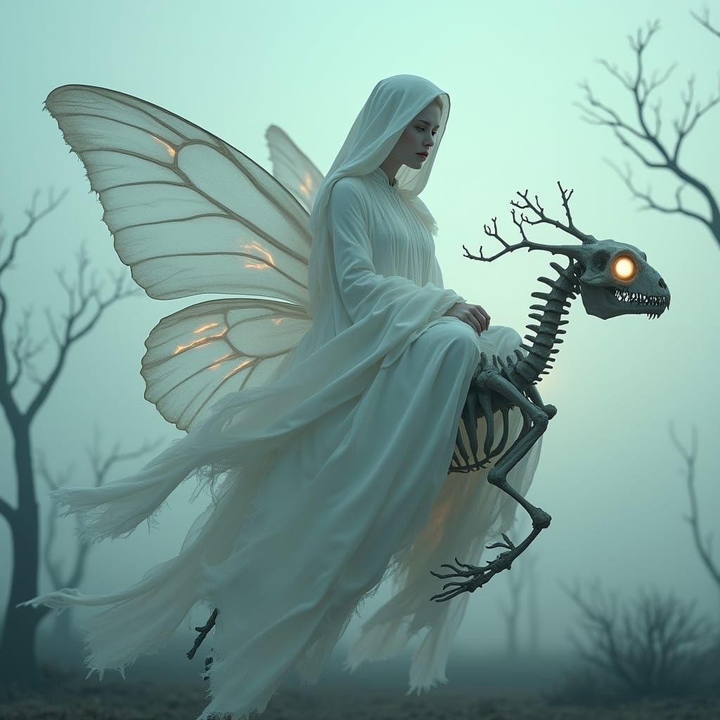 Ethereal Death Woman on Ghostly Butterfly in Haunting Landsc...