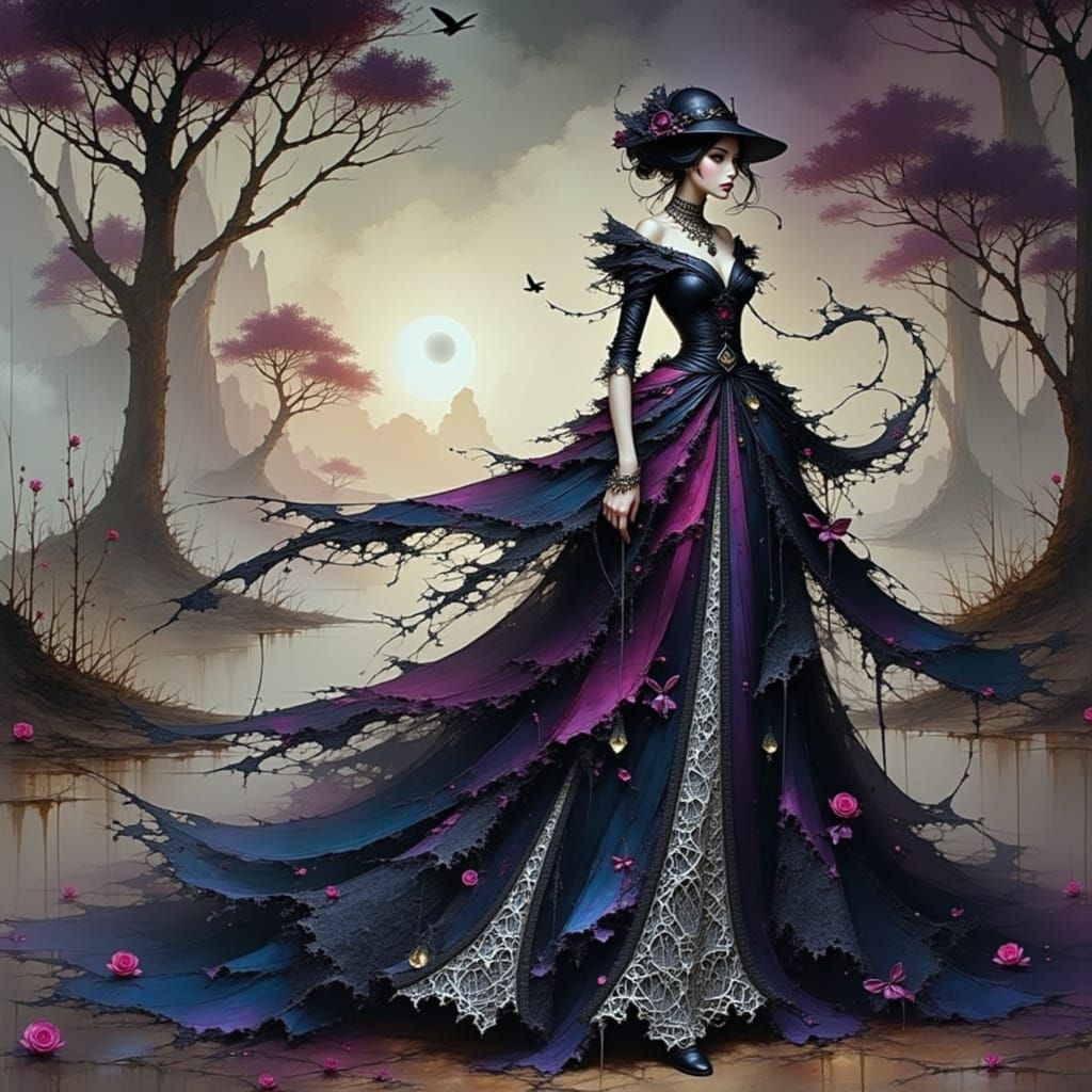 Mystical Woman in Plum and Lace, Digital Art