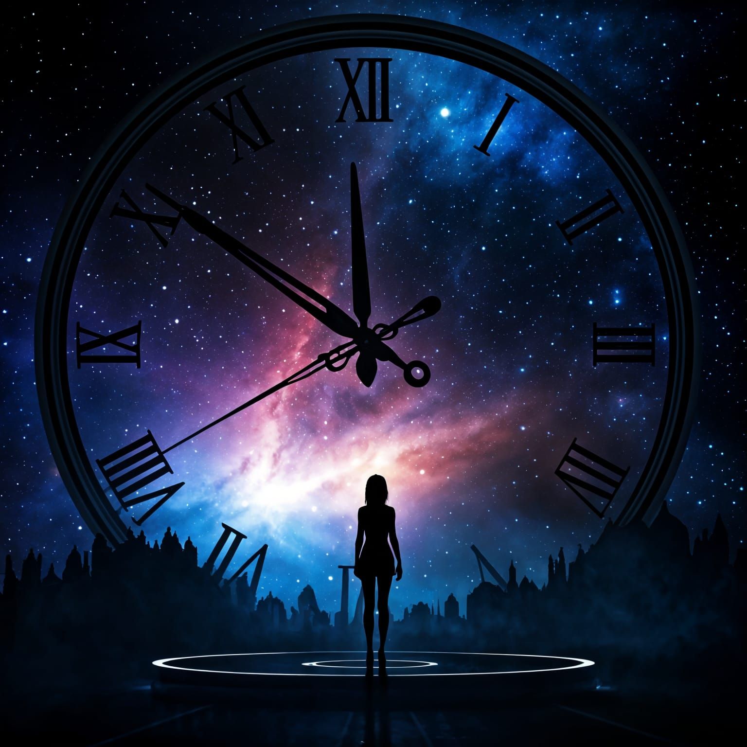 Vast Cosmic Clock with Silhouette Girl