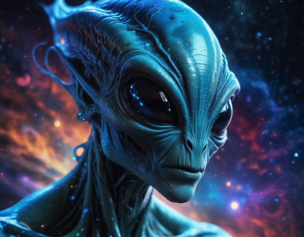 Surreal Alien in Space with Vibrant Oil Painting Style