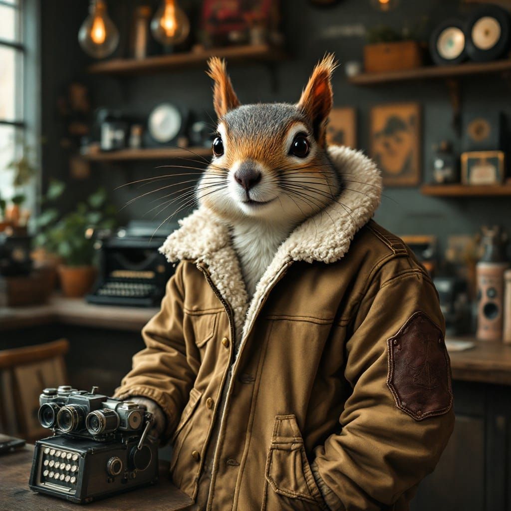 Squirrel Hipster in Earth-Toned Flannel Jacket