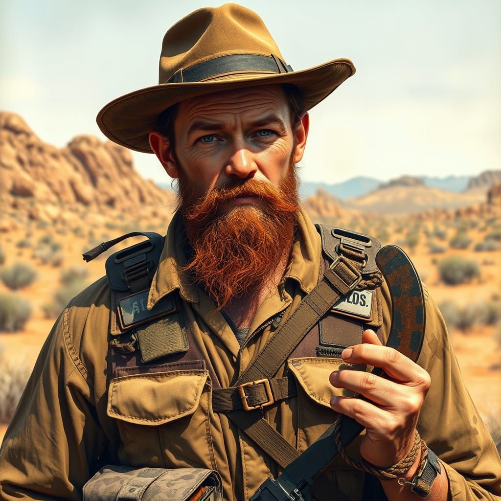 Weathered Australian SAS Operative Wields Boomerang in Deser...