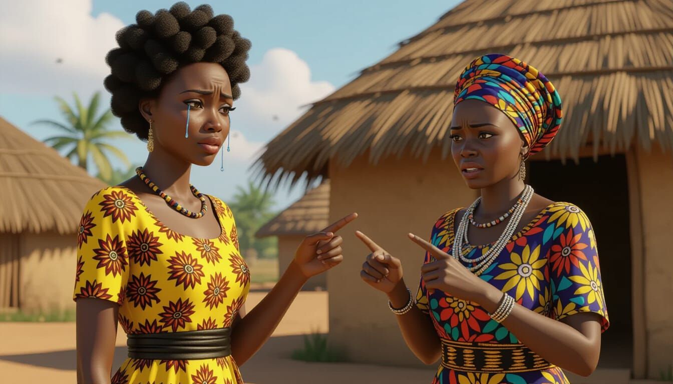 African Woman in Village Scene, Emotional Encounter