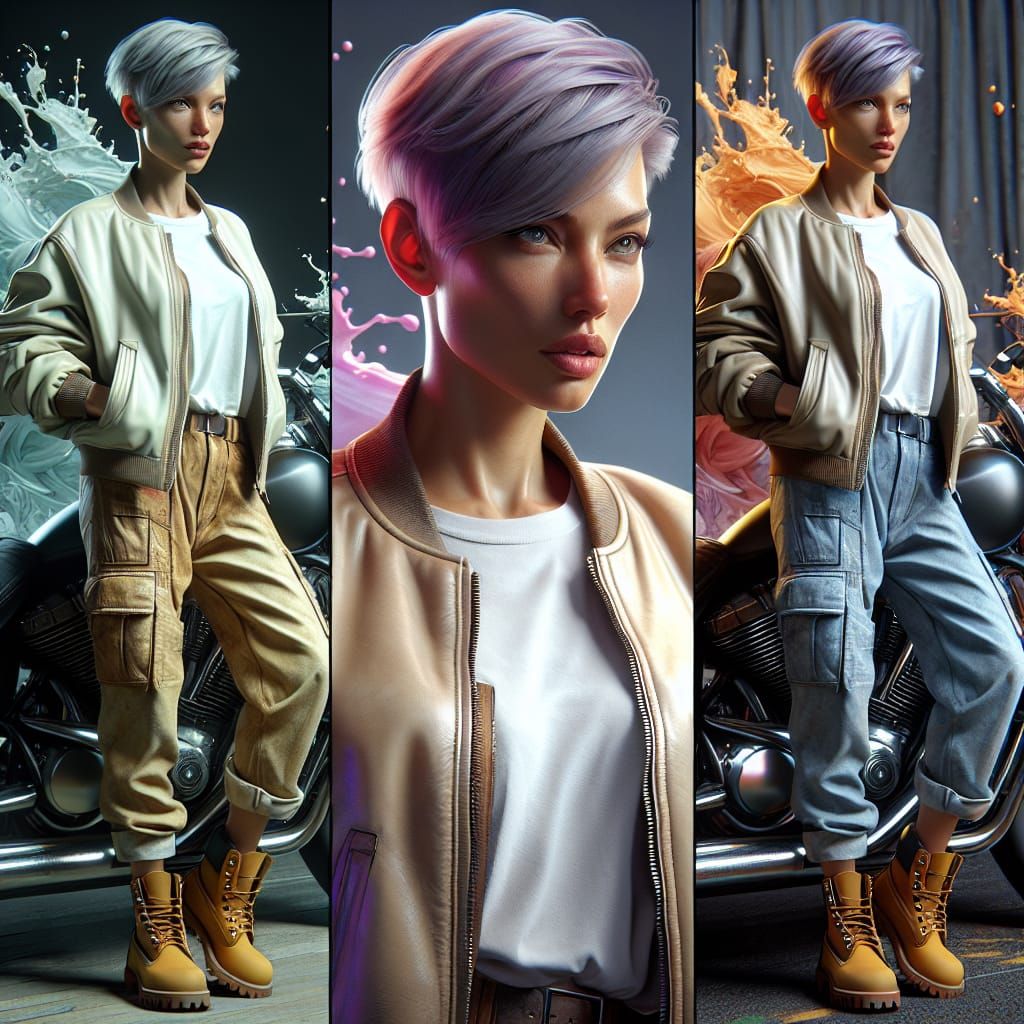 Woman in Leather with Motorcycle: Art Nouveau Style