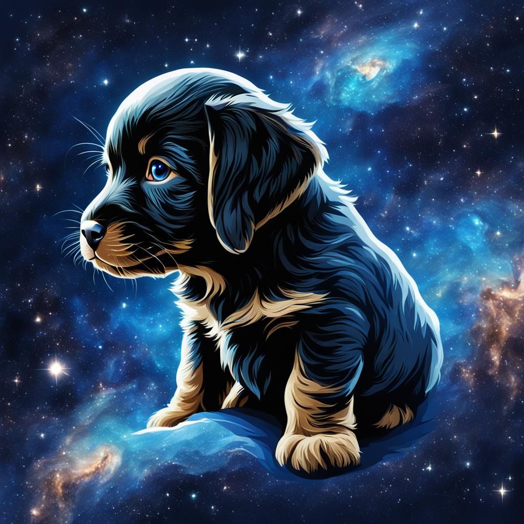 Puppy Floating in a Blue Galaxy