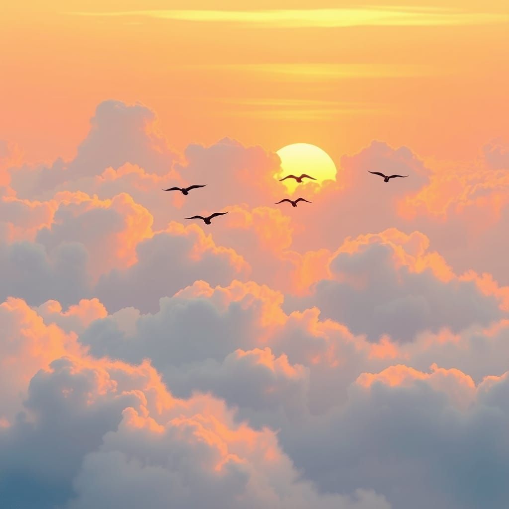 Pastel Sunrise with Birds in Impressionist Style