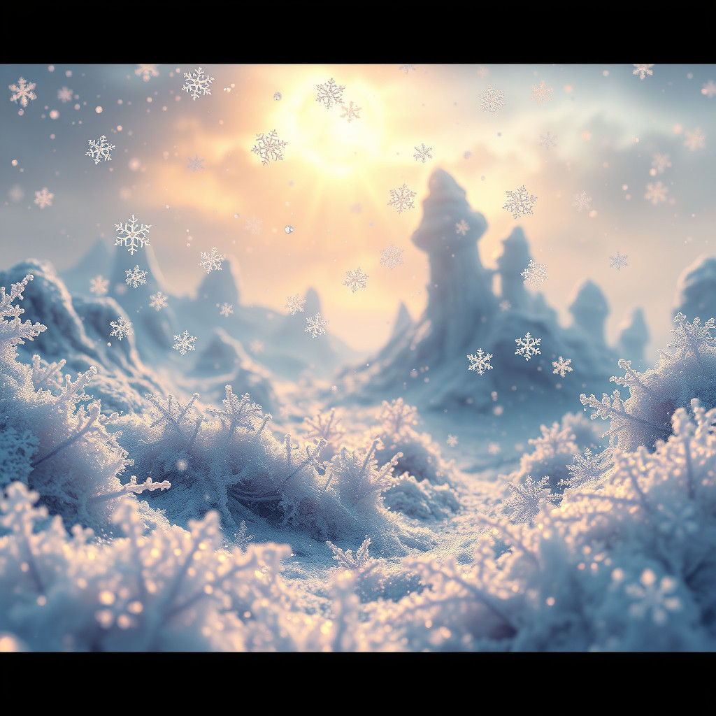 Mystical Snowflakes Falling on Frozen Landscape
