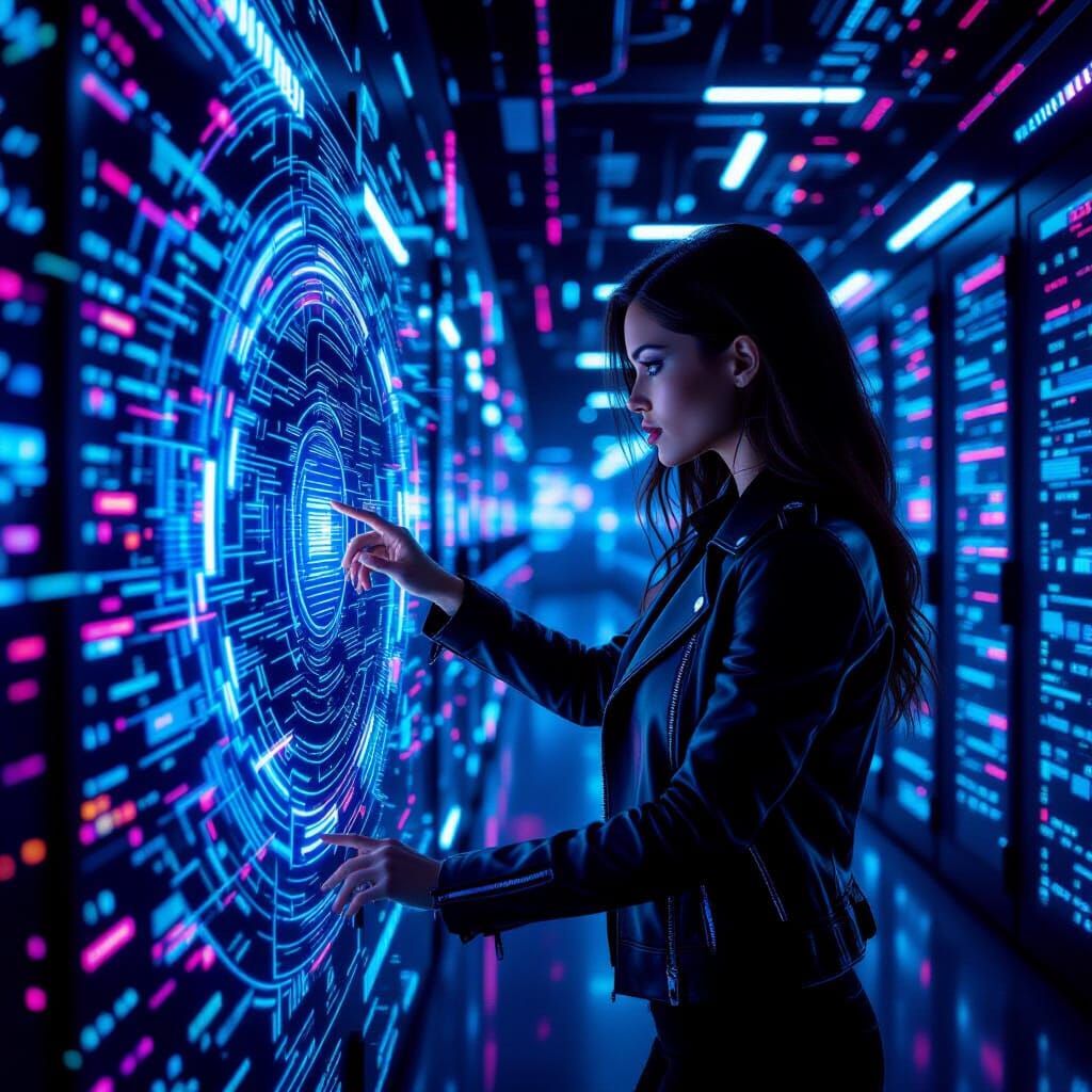 Female Hacker Navigates Cyberpunk Interface