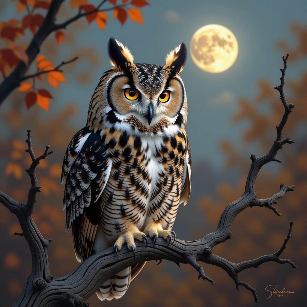 Great Horned Owl in Autumnal Forest: Hyperrealistic Digital ...