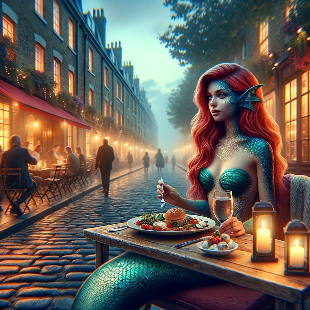Vivid Red Haired Mermaid Savoring Dinner in London's Quaint ...