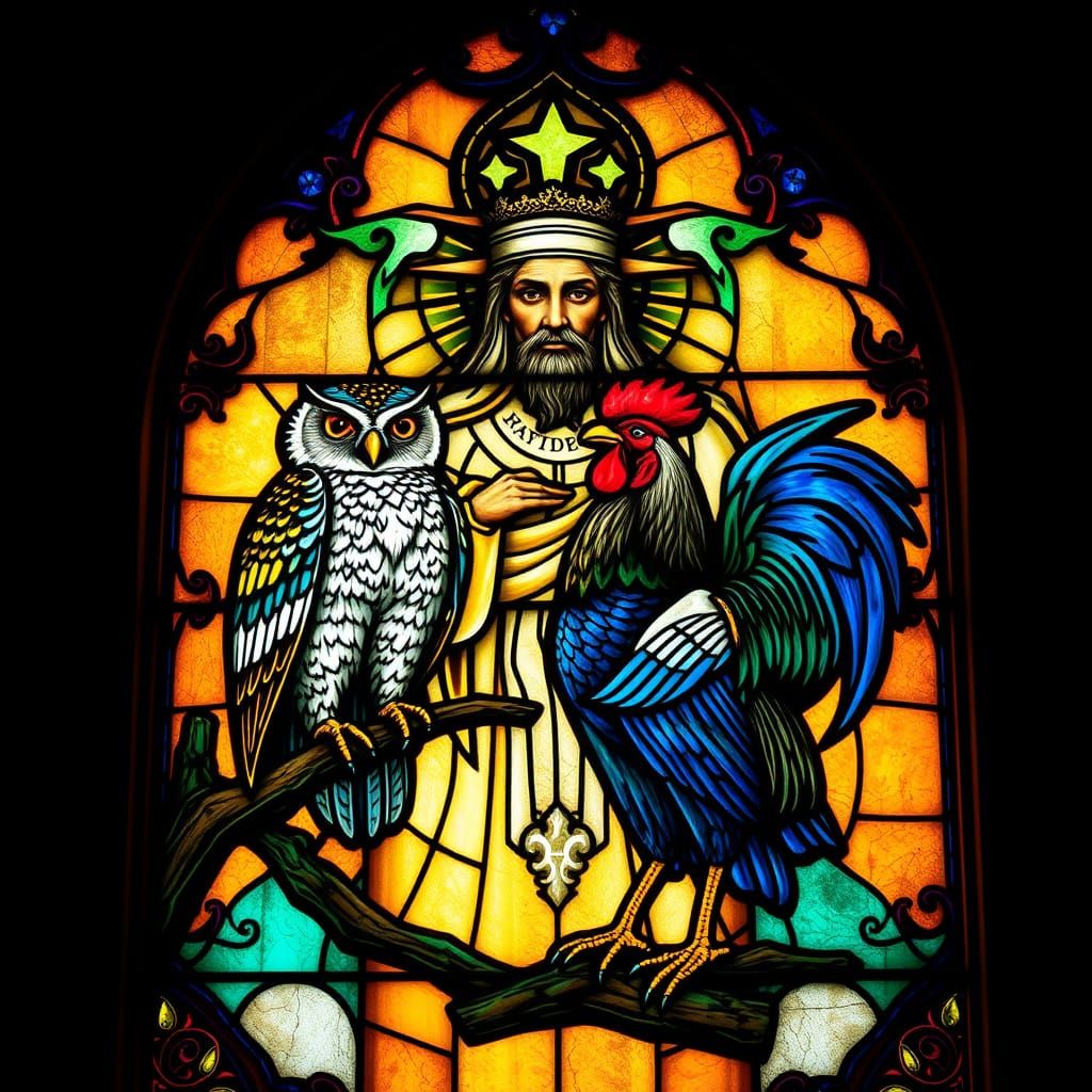 Majestic Stained Glass Church Window Depicting Owl, Rooster,...