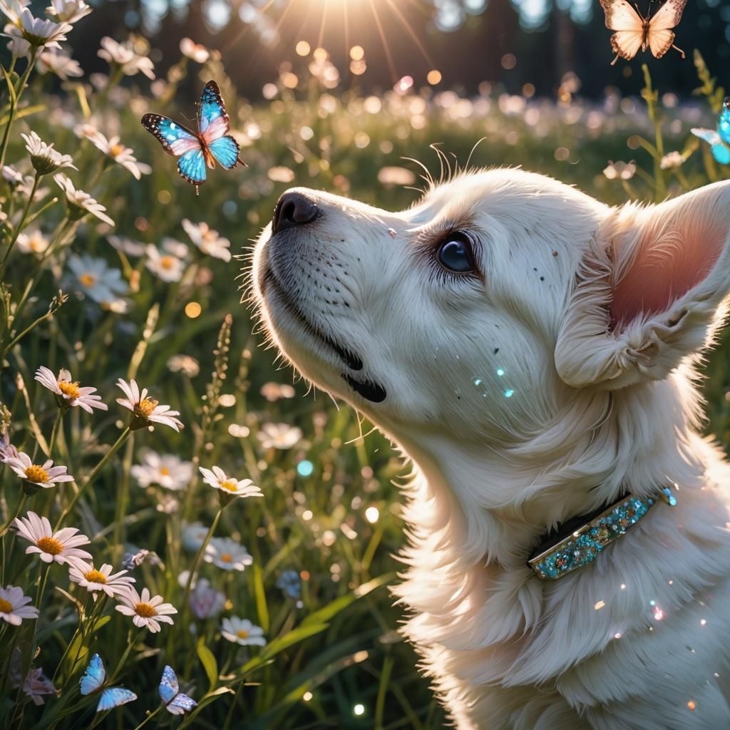 Sparkly Butterfly Boops White Puppy Nose in Meadow