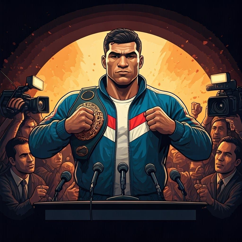 Boxer's Triumphant Press Conference in Graphic Novel Style