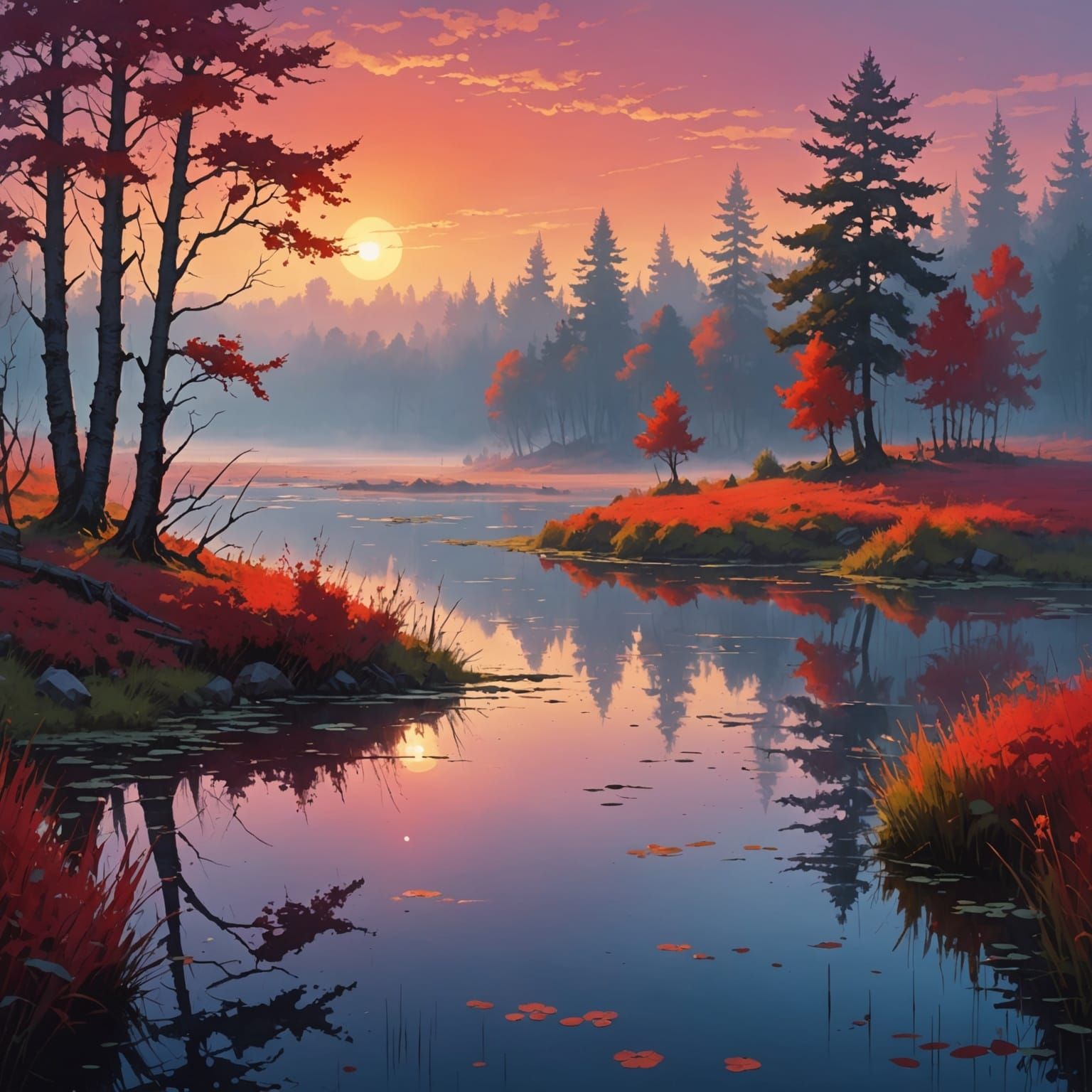 Whimsical Fantasy Landscape with Red Sunrise Over Misty Lake