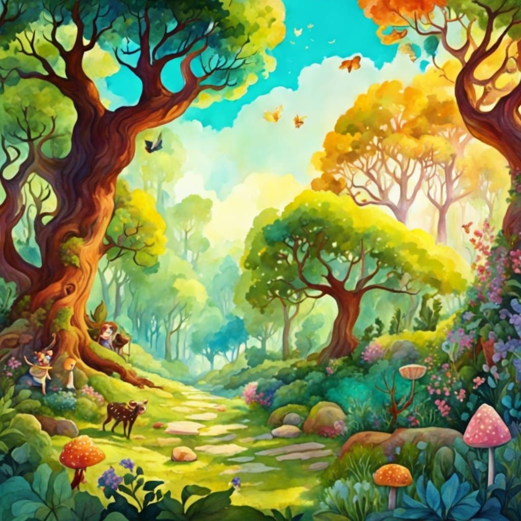 Whimsical Kidcore Clearing in Watercolor Painting