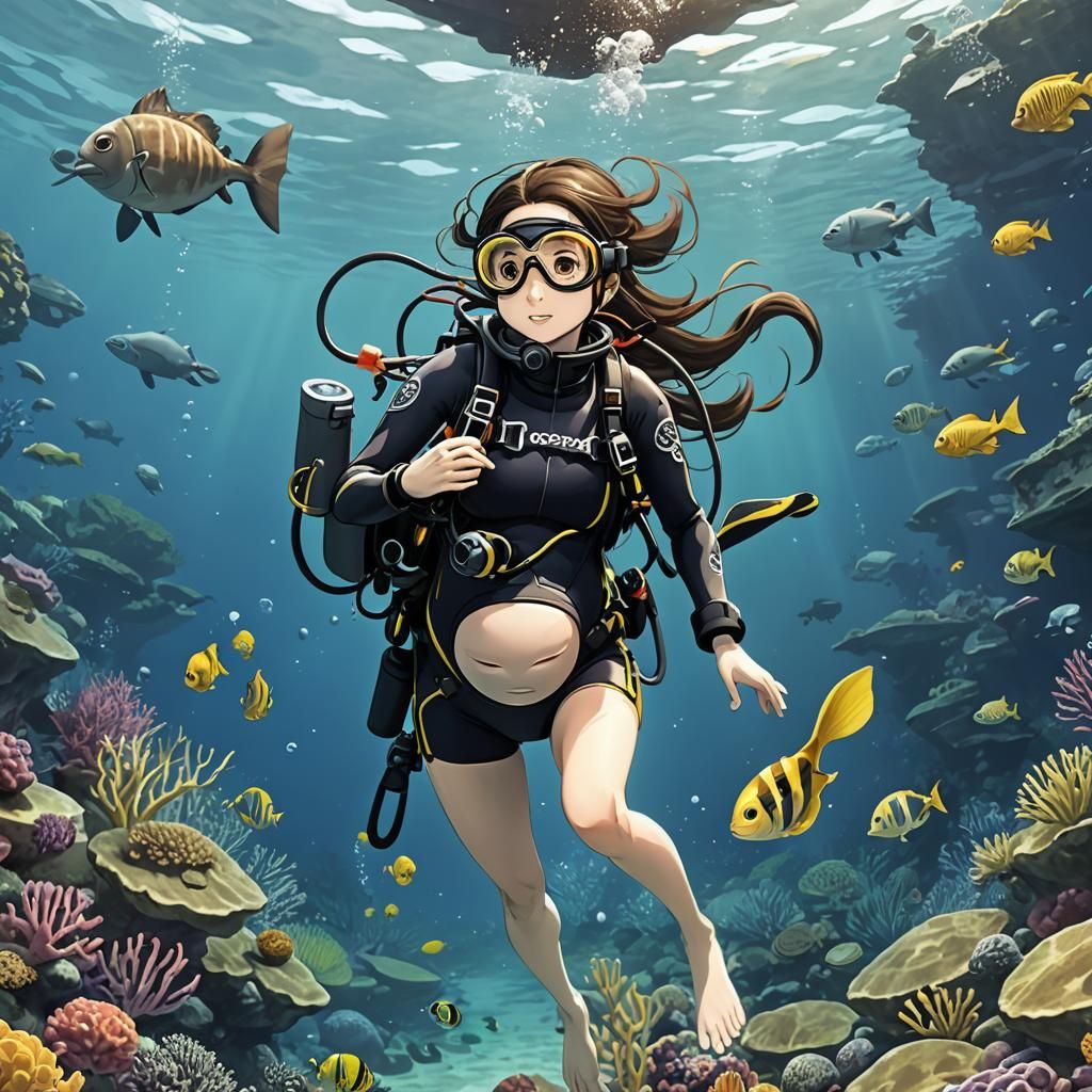 Pregnant Scuba Diver in Anime Style