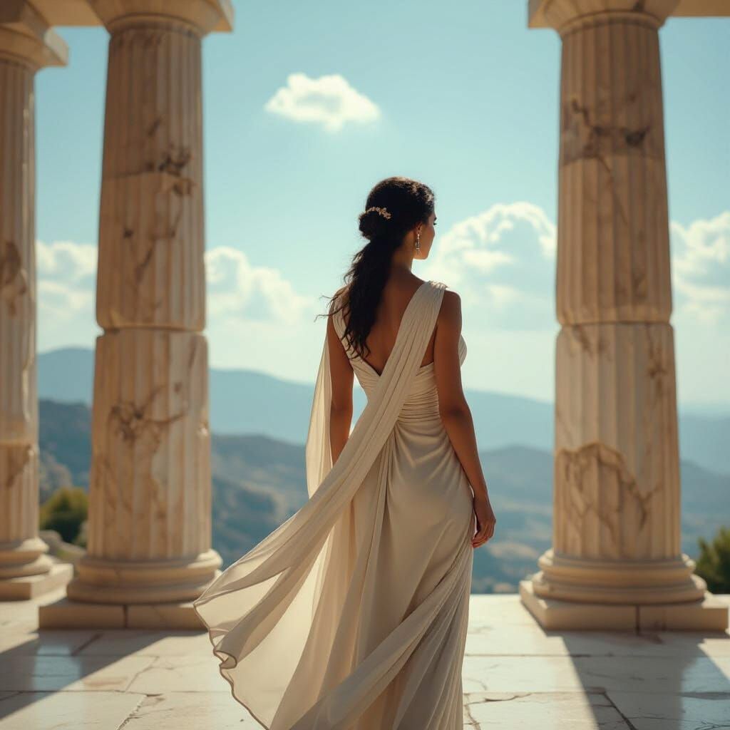 Greek Lady at Olympus Temple in Cinematic Style