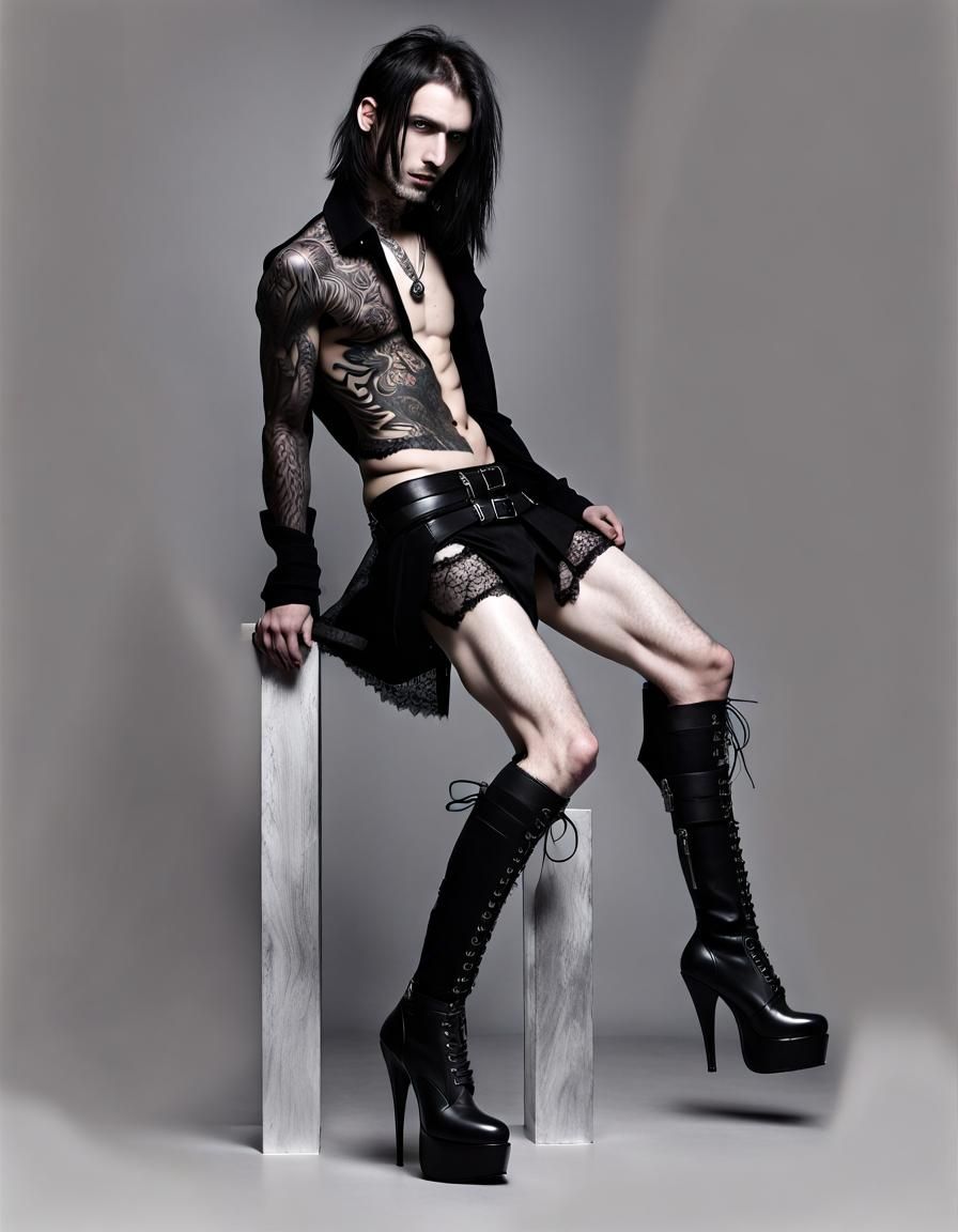 Goth Man in Lace Miniskirt and High Heels