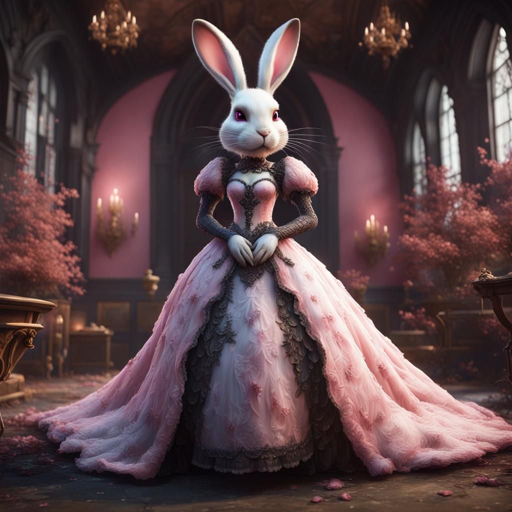 Black and Pink Anthropomorphic Bunny in Wedding Dress