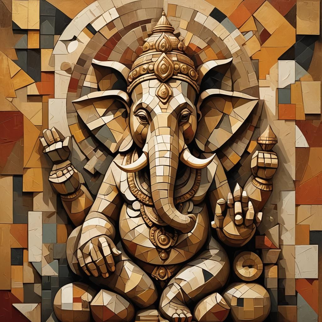 Cubist Ganesha Sculpture in Digital Art Painting