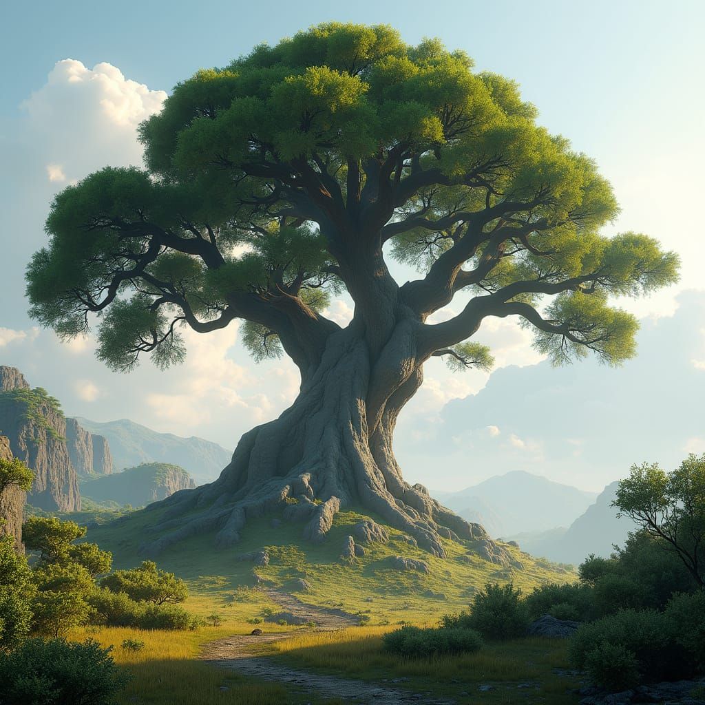 Majestic Cypress Tree in Illuminated Landscape, 8K Render