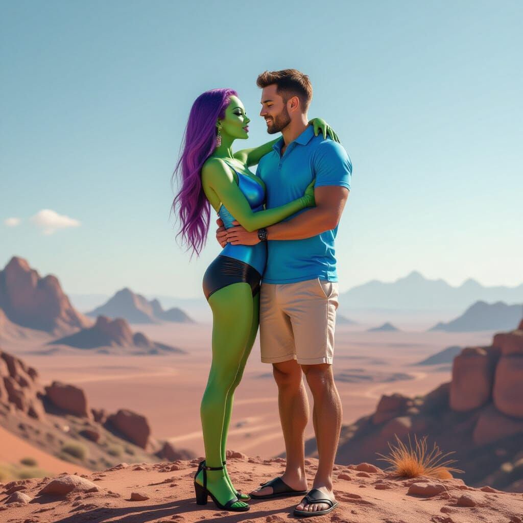 Attractive Green Alien Woman with Purple Hair on Martian Mou...