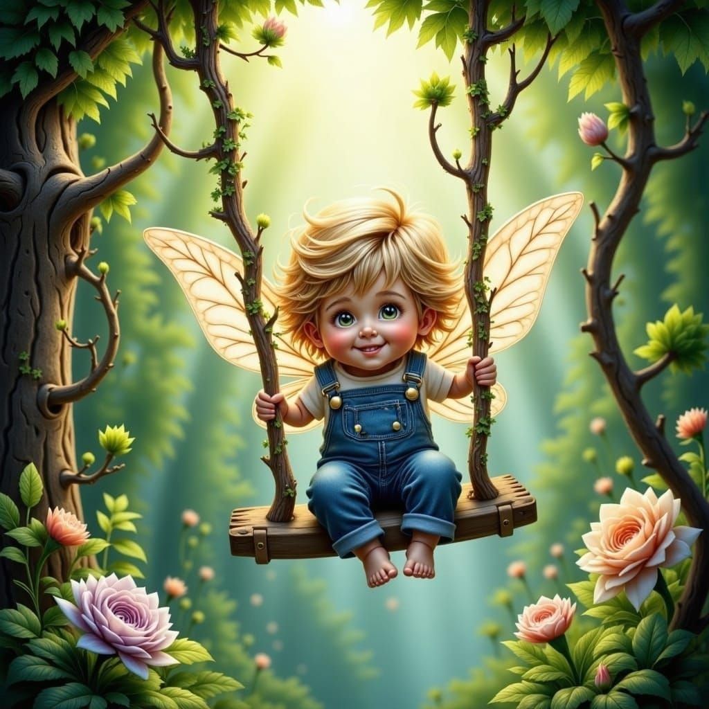 Boy in Blue Overalls on a Tree Swing