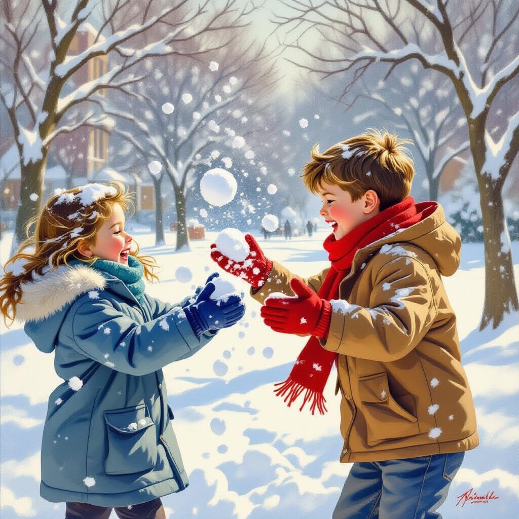 Children Joyfully Throwing Snowballs in Park