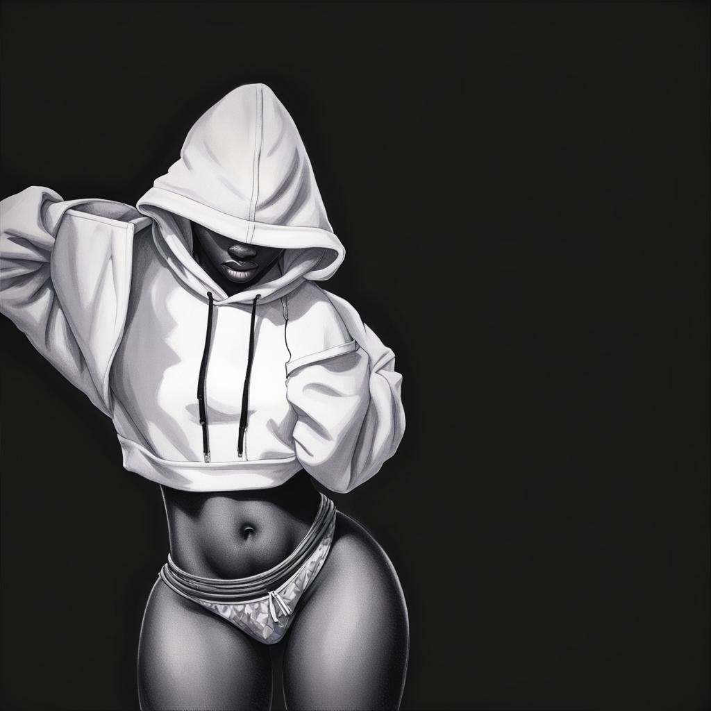 Photorealistic Beautiful black American girl age 19, shapely, wearing a white hoodie covering her face and only showing ...